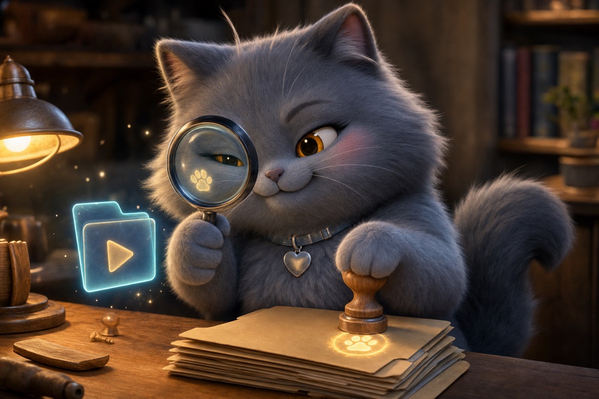 Purr peers through a magnifying glass at a hidden mark in a course file and presses a secret seal onto documents